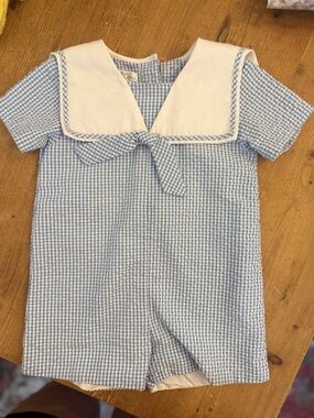Petit Ami Light Blue and White Gingham Sailor Romper